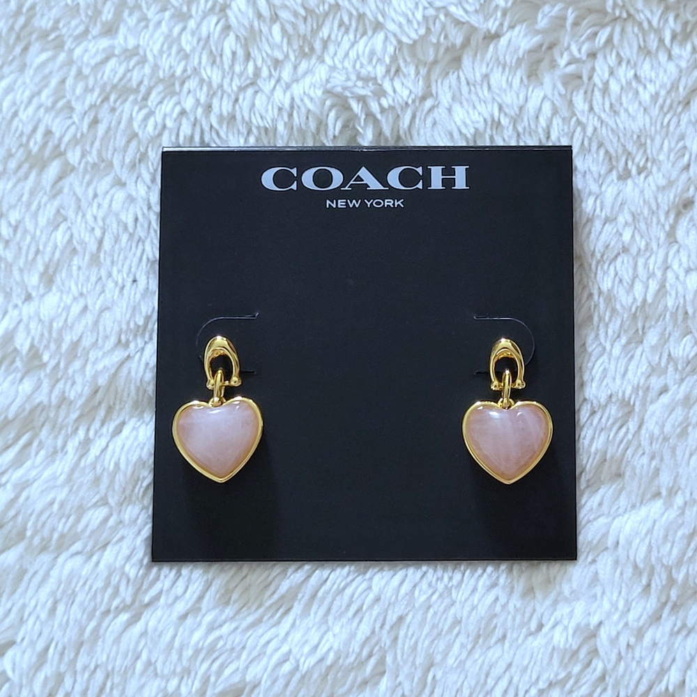 Coach Carved Rose🌹Quartz Heart💕 Drop Earrings - Picture 7 of 12